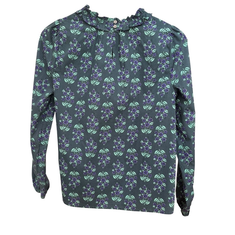 J. Crew Long-Sleeve Ruffleneck Poplin Blouse Teal & Purple Floral Print W Small - Picture 3 of 10